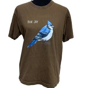 Hand Printed Upcycled Mens Medium Wingspan Inspired Blue Jay Bird Tee Shirt